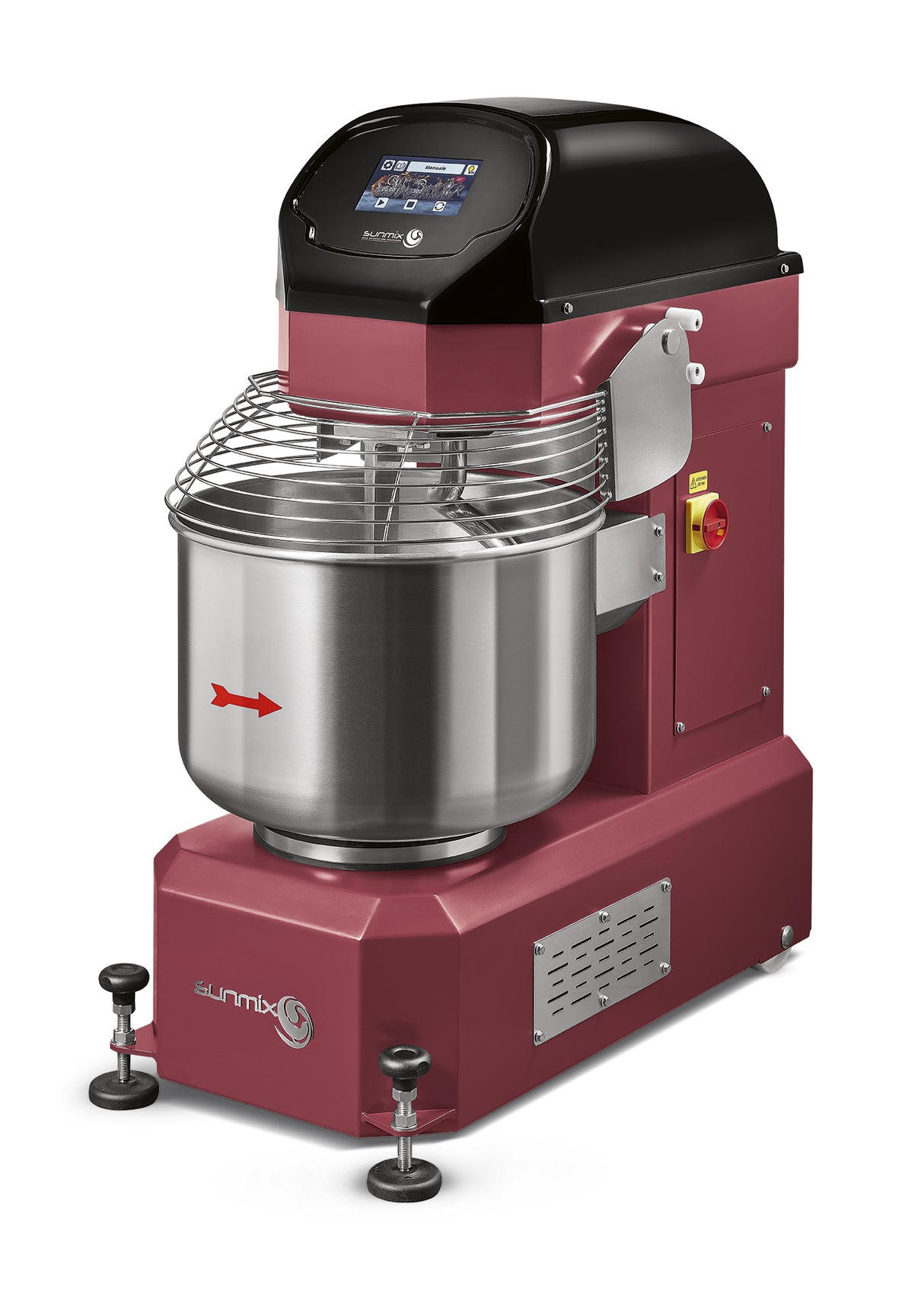 Sunmix Smart 50 spiral mixer in Rosso Rubino (deep ruby red) finish — 50 kg dough capacity, touch-screen control, retractable wheels