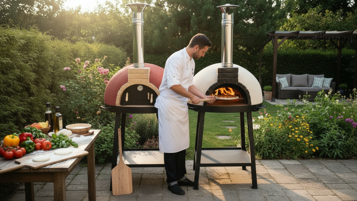 Chef baking pizza in two wood-fired ovens on a garden patio