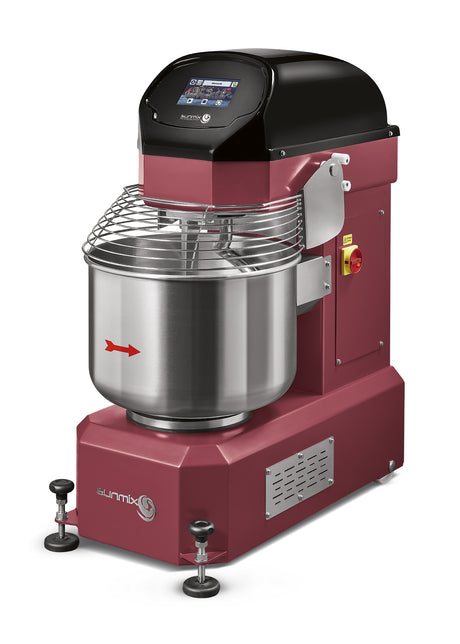 Sunmix Smart 50 spiral mixer in Rosso Rubino (deep ruby red) finish — 50 kg dough capacity, touch-screen control, retractable wheels