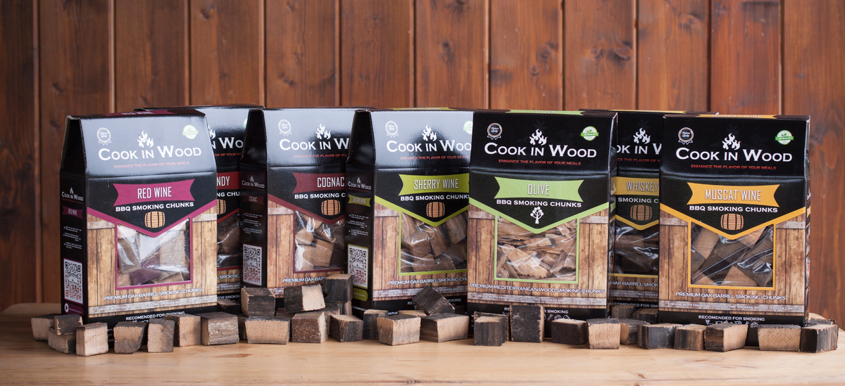 Cook in Wood smoking wood bags on a wooden shelf