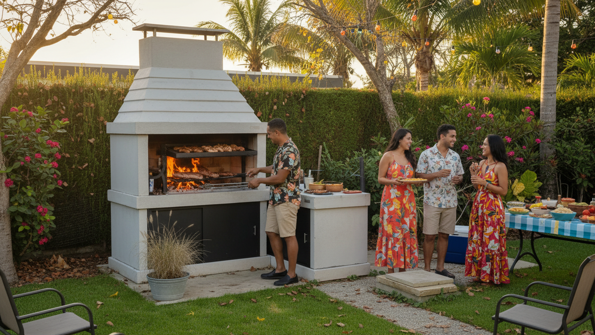 Family gathering around a white brick outdoor grill in the backyard