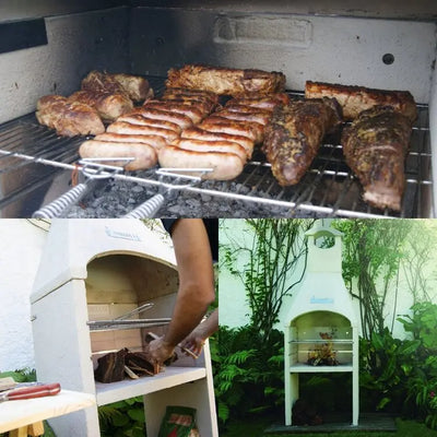 Steaks and sausages on the enameled grill grate