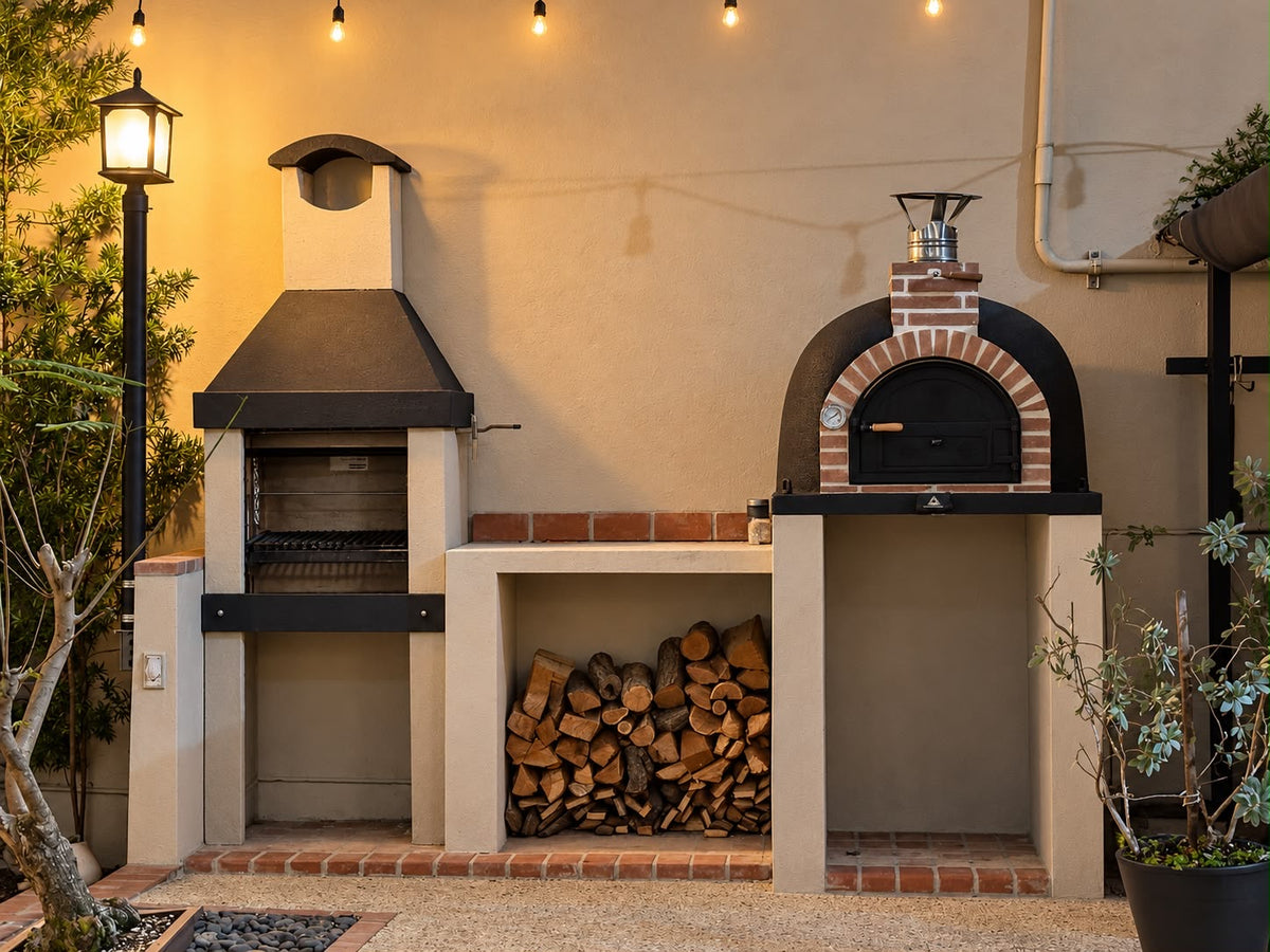Argentine Grill ECO Mini and a Traditional Wood-Fired Oven built into a patio with firewood storage