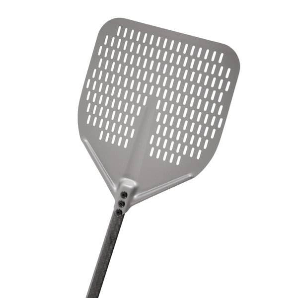 Perforated Stainless Steel Pizza Peel with Black Aluminum Handle.