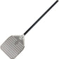 Perforated Stainless Steel Pizza Peel with Black Aluminum Handle.