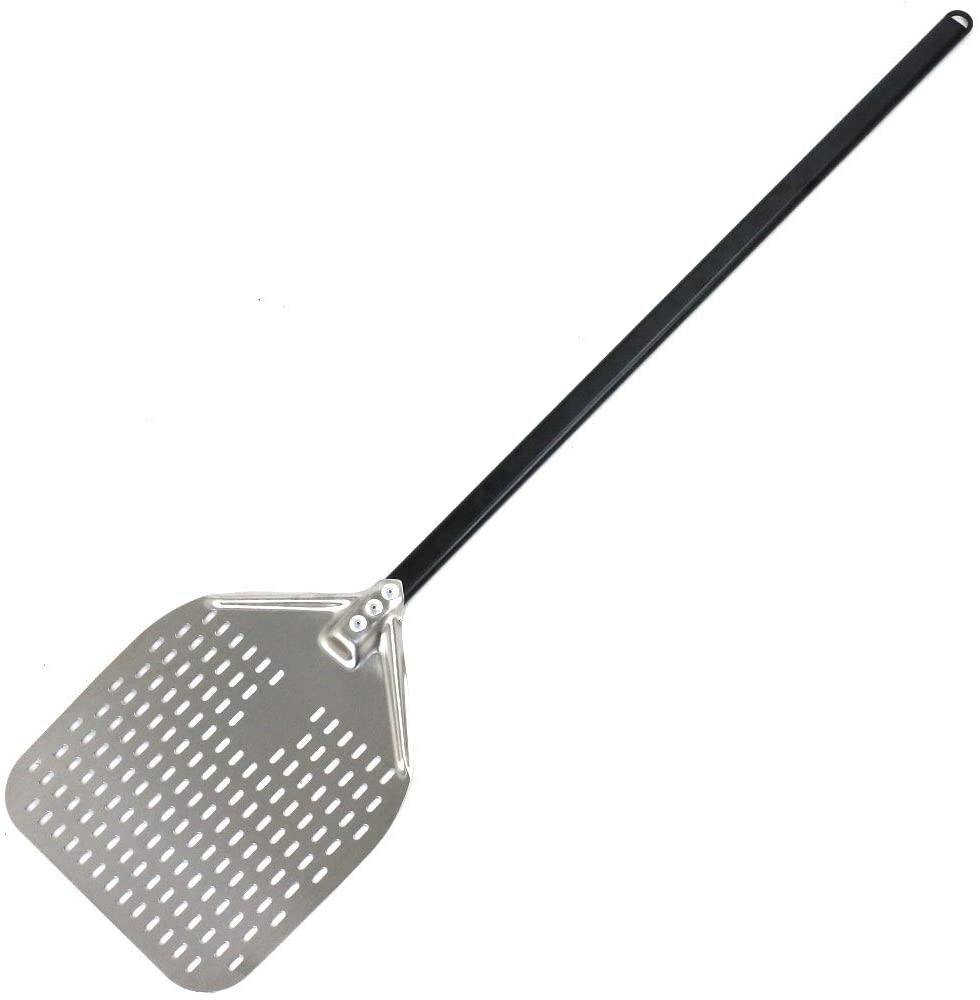 Perforated Stainless Steel Pizza Peel with Black Aluminum Handle.