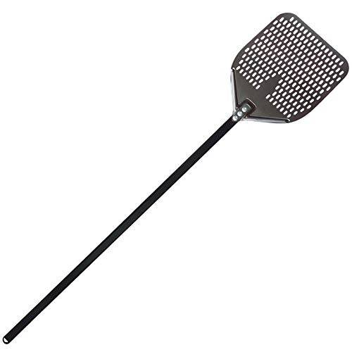 Perforated Stainless Steel Pizza Peel with Black Aluminum Handle.